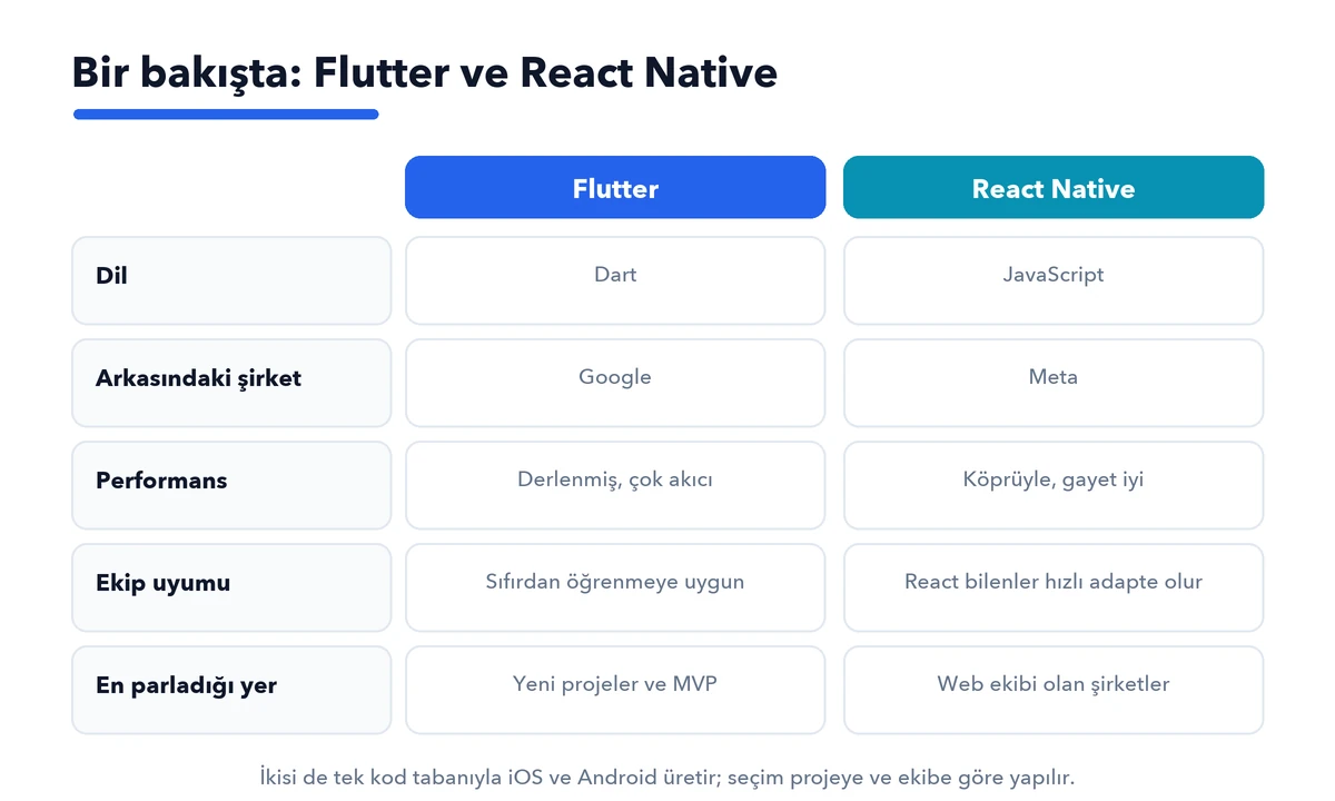 Flutter ile React Native karşılaştırma tablosu: dil, arkasındaki şirket, performans, ekip uyumu ve en parladığı alanlar