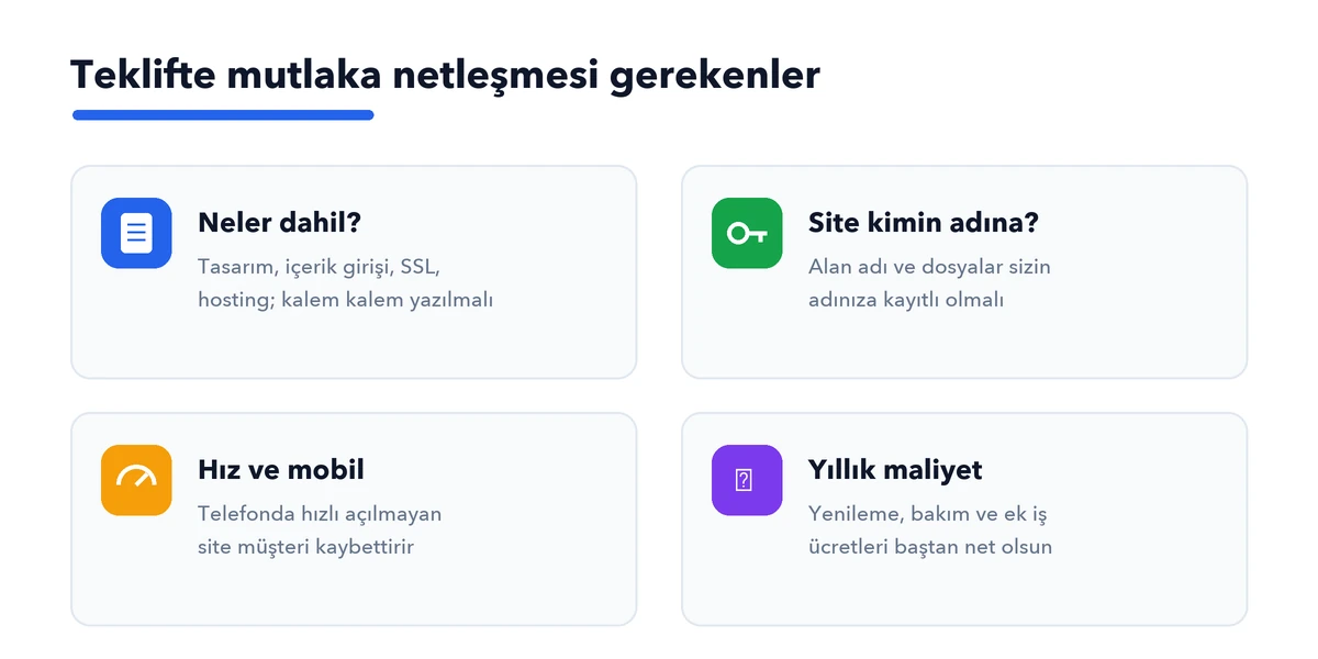 Web sitesi teklifinde netleşmesi gerekenler: neler dahil, site kimin adına, hız ve mobil, yıllık maliyet